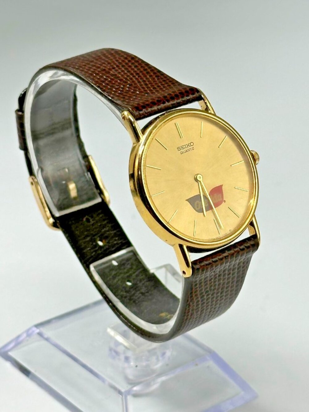 Vintage Seiko Watch Men Gold Tone Ore Ida Logo Brown Leather Band New Battery - Picture 4 of 12
